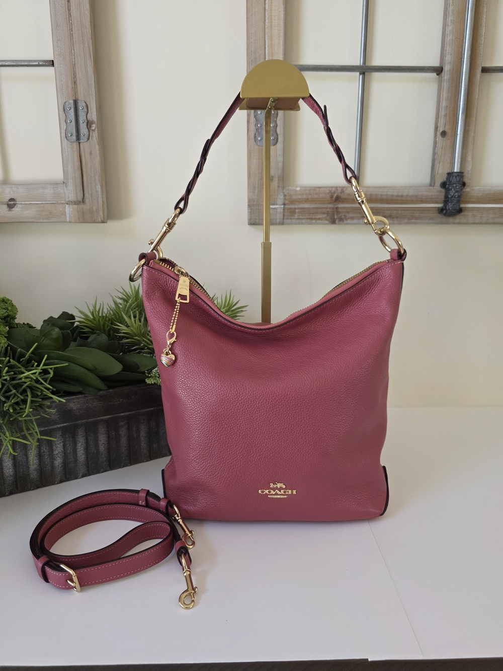 Coach Abby Duffle Shoulder Crossbody Bag Rose Berry Pebbled Leather Heart Charm